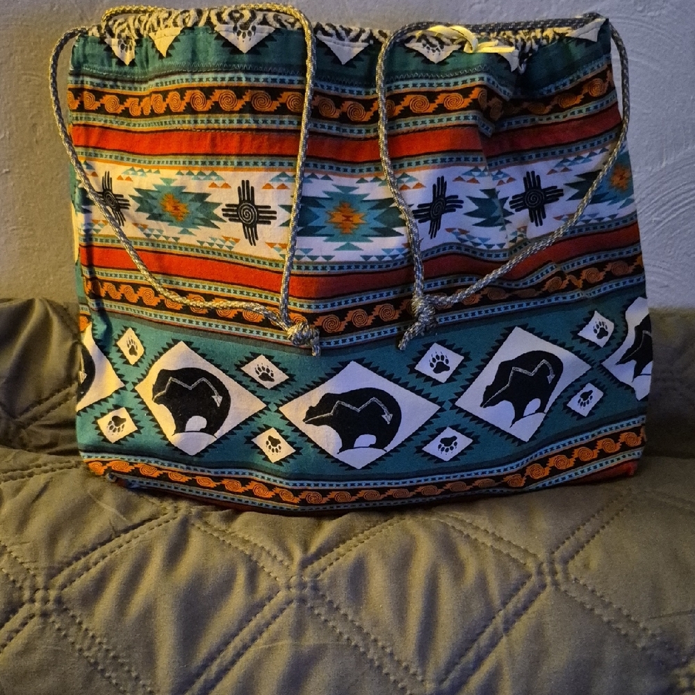 Tribal Patterned Drawstring Bag, Lined, With 4 In… - image 1
